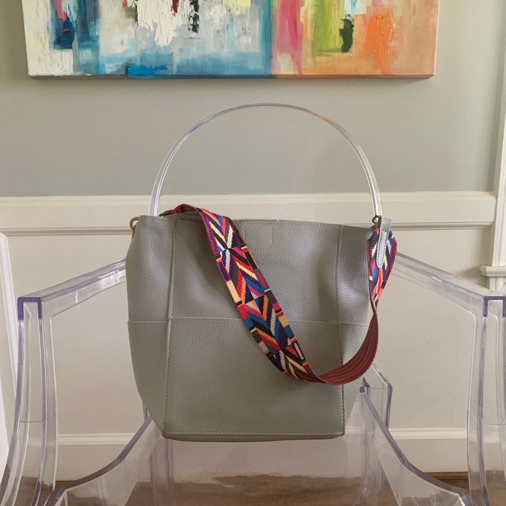 Faux Leather Bucket Bag w/ Colorful Strap EUC